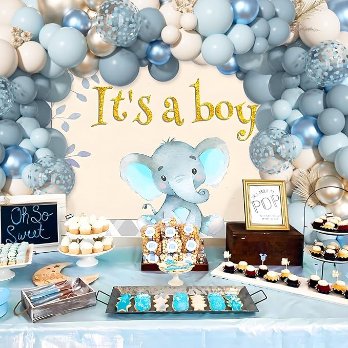 156Pcs Dusty Blue Balloons Arch Garland Kit, Dusty Baby Pastel Blue Chrome Gold Blue Sand White Confetti Balloon for Boy Baby Shower Decorations Bridal Shower Gender Reveal Birthday Party Supplies