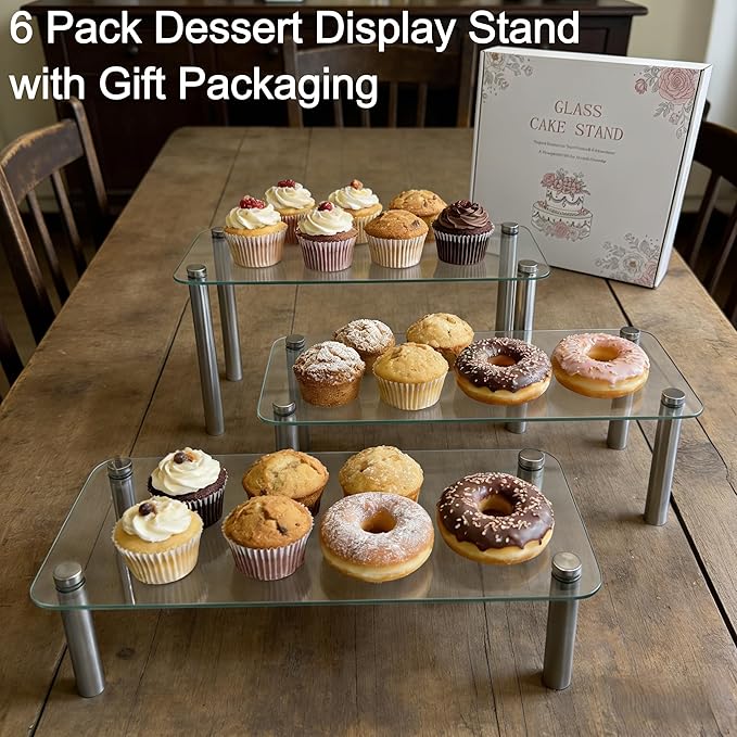 6 Pack Tempered Glass Display Stands Set, 13 Inch Rectangular Cake Cupcake Stand Dessert Display Riser Serving Platter Plate for Decoration Table Party Wedding Baby Shower