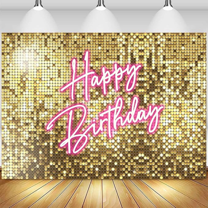 Sensfun Gold Flash Pink Neon Happy Birthday Backdrop for Photography Shining Sequins Shimmer Wall Bday Background Princess Girls Women Birthday Party Decorations Banner Photo Studio Props 10x7ft