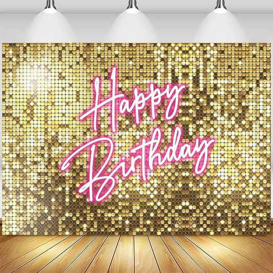 Sensfun Gold Flash Pink Neon Happy Birthday Backdrop for Photography Shining Sequins Shimmer Wall Bday Background Princess Girls Women Birthday Party Decorations Banner Photo Studio Props 10x7ft
