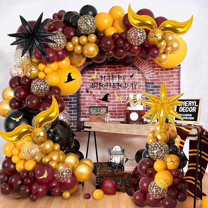 Ouddy Life 172pcs Magical Wizard School Balloons Garland Arch Kit Burgundy Black Gold Confetti Snitch Balloon for Magic Themed Birthday Decorations Baby Shower Party Supplies