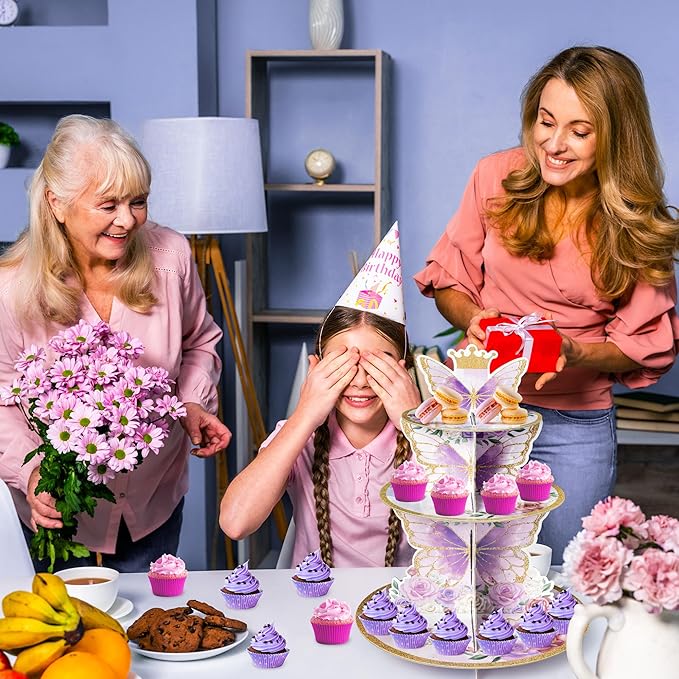 Haooryx Purple Butterfly Cupcake Stand Decoration - 3-Tier Butterfly Floral Crown Cupcake Tower Cardboard Candy Dessert Holder for Spring Butterfly Party Supplies Girl Women Birthday Party Table Decor