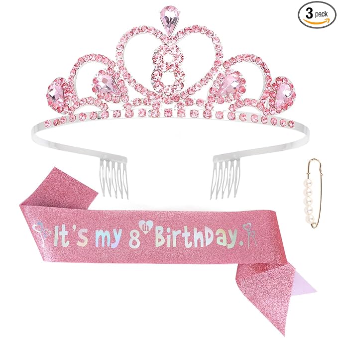 8th Birthday Crown & Sash Pink Birthday Decorations