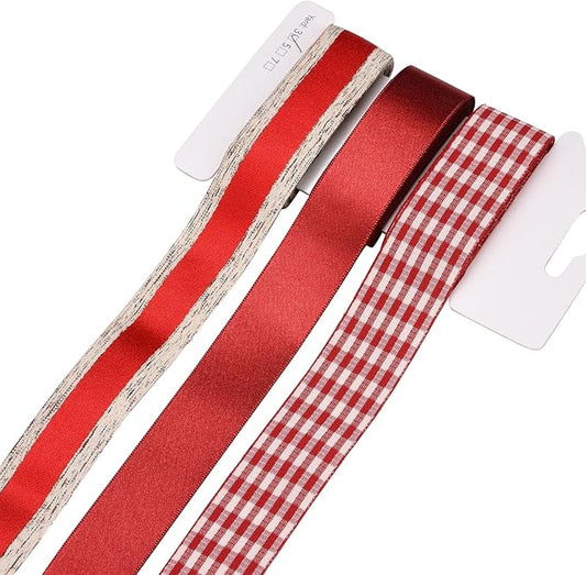 BEEFLYING 3 Styles 9 Yard Red Satin Ribbons Wire Edged Ribbons Wrapping, 25~28mm×2.7m Double-Faced Satin Ribbon for Wedding Party Decor Hair Bows Flower Designs Sewing and Craft