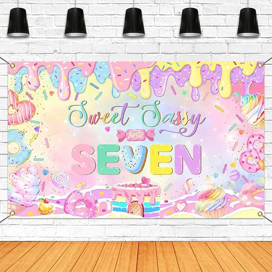 Mocsicka Donut 7th Birthday Banner Backdrop Sweet Sassy and Seven Birthday Party Decorations Banner for Girls Seven Birthday Party Banner for Phogography (Pink, 70.8x43.3 inch)