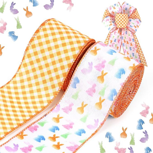 LaRibbons Easter Bunny Wired Ribbon 2 Rolls 2.5 Inch x 12 Yards TTL, Orange Easter Ribbon Plaid for Baskets Crafts Spring Wreath Gift Wrapping Bow Decoration
