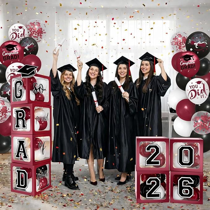 2026 Graduation Decorations - Maroon Balloon Boxes with Letters 2026 Grad & So Proud of You and Maroon Black White Print Balloons, Graduation Party Decorations Class of 2026 for Any Grades