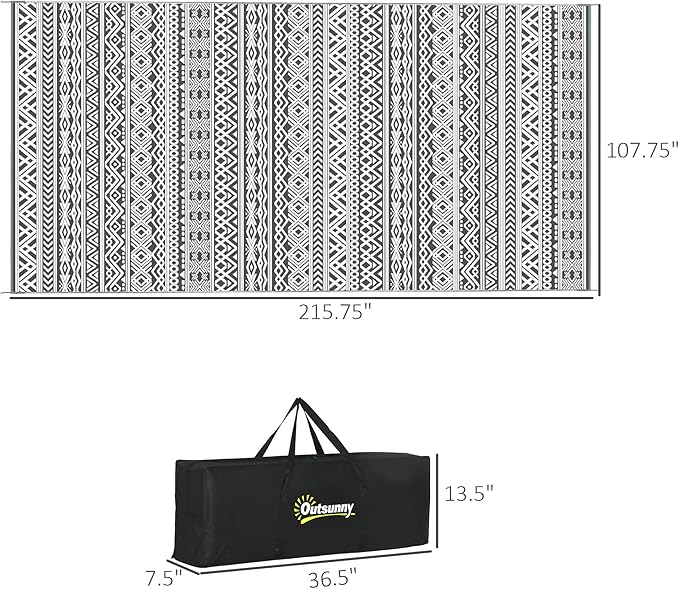 Outsunny Outdoor Rug for Patio, 9' x 18' Waterproof Large Mat, Reversible Plastic Straw Rug for Decor, Portable Outside RV Camping Area Carpet Mat for Backyard Porch Deck Picnic, Gray & Cream Boho