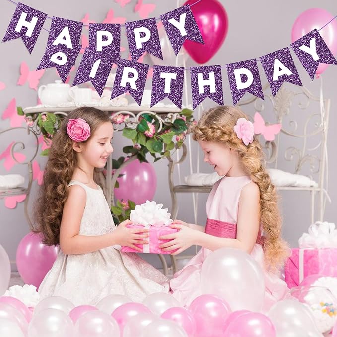 Hooqict Purple Happy Birthday Banner Garland Sign for Backdrop Women Girls Purple Birthday Party Decorations Supplies Wall Door Party Banner
