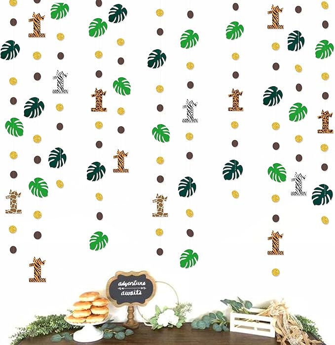 Pinkblume Wild One Jungle Theme Decorations - Palm Leaf Dot Circle Garland, Safari Animal 1st Birthday Supplies