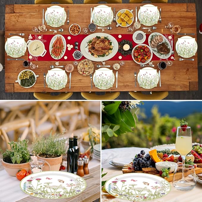 40 pcs Pary Paper Plates and Napkins Disposable Spring Flower 9 inch 20 pcs Dessert Party Plates & 20 pcs Napkins Tableware for Wedding Party Decorations