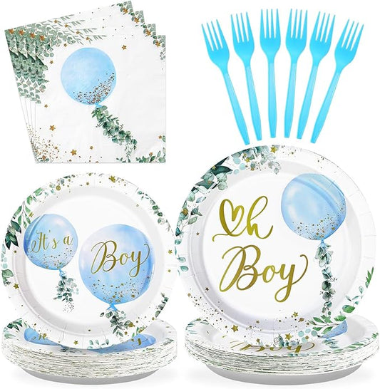 Grencian 96 PCS Boy Watercolor Blue Balloon Party Supplies Boys Plates and Napkins Disposable Greenery It's A Boy Baby Shower Tableware for Birthday Boys Baby Shower Decorations, Serves 24
