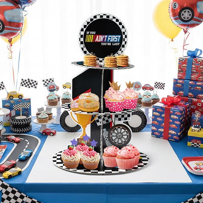Race Car Cupcake Stand - 3 Tier If You Ain't First You're Last Party Dessert Holder for Boys Birthday Decorations Racing Car First Cardboard Cupcake Tower for Birthday Baby Shower Party Favor