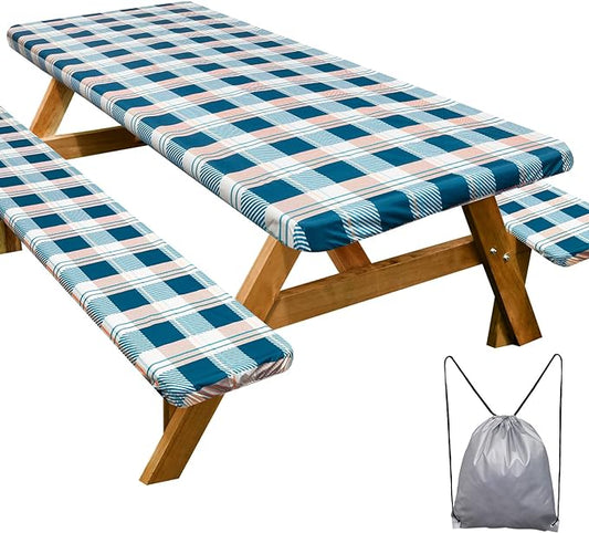 Play Tailor Picnic Table Cover with Bench Covers Camping Essentials Waterproof Windproof Camping Tablecloth with Drawstring Bag, Fitted Rectangle Tables and Seats, 72in, Green Checkered