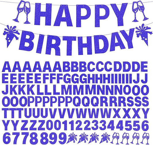 129Pcs Glitter Customizable Banner Kit DIY Custom Letter Banners DIY Happy Birthday Letters 0-9 Numbers Personalized Banner Decor Baby Shower Birthday Party Decorations Supplies(Dazzling Sapphire blue)