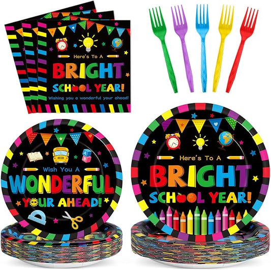 100PCS Back To School Decorations School Season Supplies Paper Plates Napkins Disposable Black Bottom Colorful Pattern Tableware Dinnerware for Student Birthday Picnic First Day of School Serves 25
