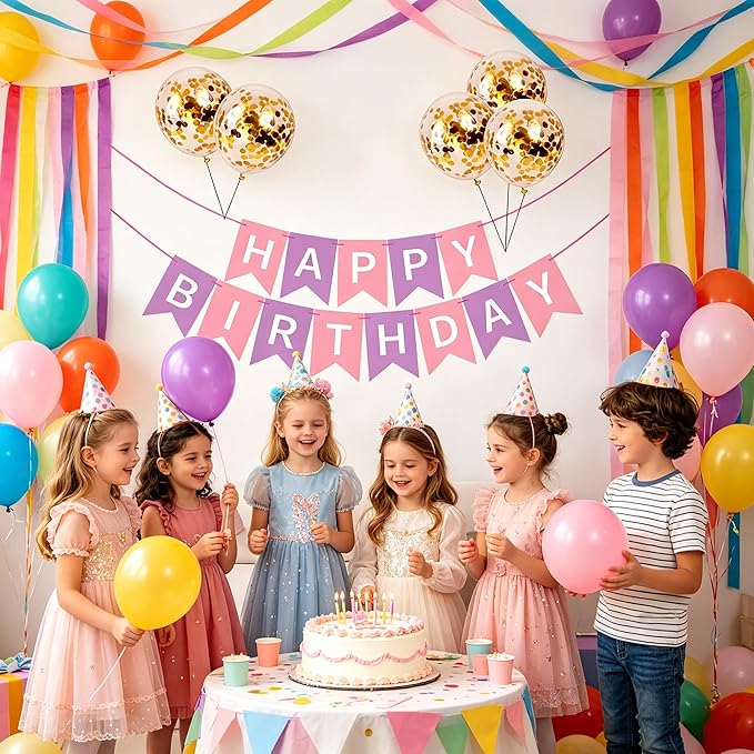 Happy Birthday Banner Sign Bunting Hanging Decorations with Shiny Gold Balloons Birthday Party Sign Decor for Party Supplies(Pink+Purple)