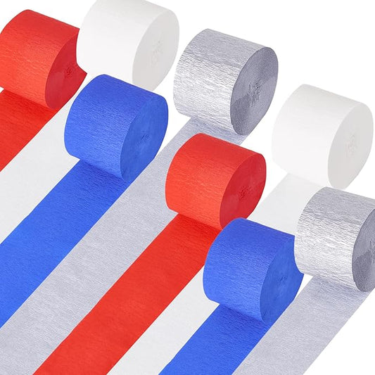 Crepe Paper Streamers 8 Rolls 656ft, Red White Blue Silver Streamer Tassels Patriotic Decorations for Memorial Day Fourth of July Independence Day American Theme Party