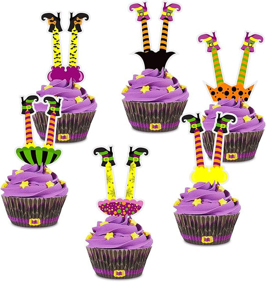Set of 48 Witch Cupcake Toppers Halloween Witch's Boot Leg Paper Cupcake Toppers for Fall Hoilday, Halloween Birthday Party Decorations (8 Style)