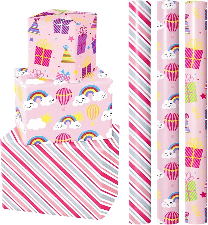 WRAPAHOLIC Birthday Wrapping Paper Roll - Mini Roll - 3 Rolls - 17 Inch X 120 Inch Per Roll - Pink Rainbow, Birthday Gift Boxes, Stripes for Kid's Birthday, Baby Shower