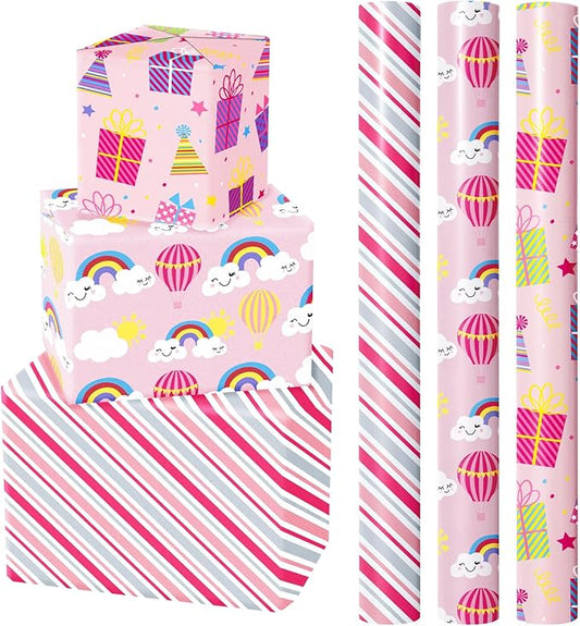 WRAPAHOLIC Birthday Wrapping Paper Roll - Mini Roll - 3 Rolls - 17 Inch X 120 Inch Per Roll - Pink Rainbow, Birthday Gift Boxes, Stripes for Kid's Birthday, Baby Shower