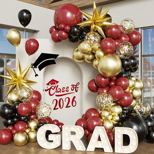 Burgundy Gold Balloon Arch Kit Graduation Decorations 2026, 130Pcs Burgundy Gold Black Balloons and Foil Star Balloon with Confetti Ribbons Grad Party Decorations for College High School Class of 2026