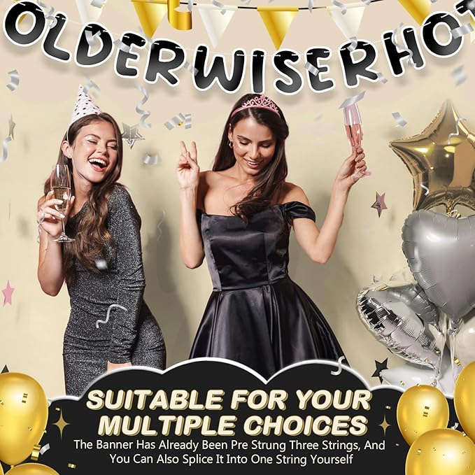 Fulmoon Set of 3 Pre Strung Older Wiser Hotter Glitter Banner Funny Birthday Banner for Women 30th 40th 50th 60th 70th 80th Birthday Party Decorations Sign Gift(Bright Black and White)