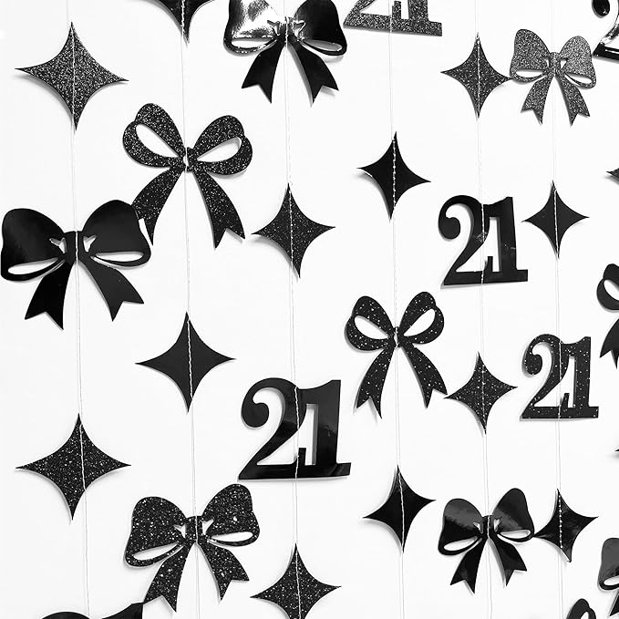 Black 21st Bow Birthday Decorations Glitter Conquette Bow Garland Streamer Banner Backdrop for Girls Boys Happy 21st Birthday Finally Legal Cheers to 21 Years Old Awesome Since 2004 Party Supplies