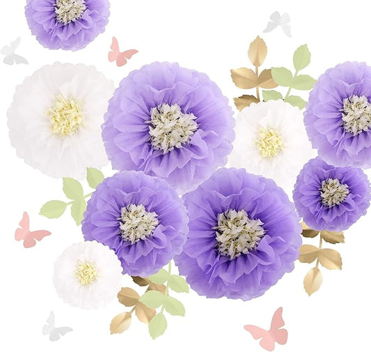Fonder Mols Tissue Paper Chrysanth Flowers with Butterfly and Olive Leaves for Wedding Baby Shower Nursery Room Parties & Events Decorations Pom Poms (Purple White)