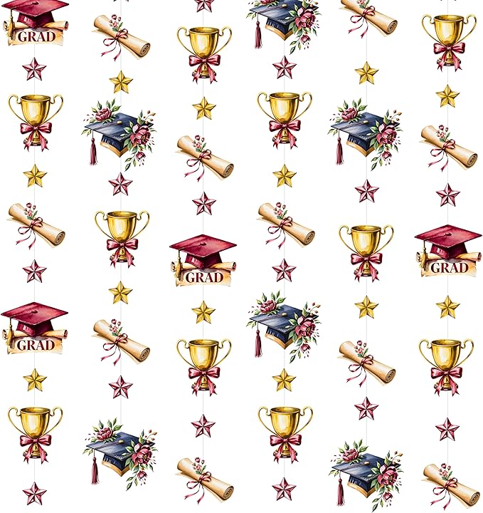 Maroon Gold Graduation Party Hanging Streamer Floral Burgundy Gold Star Grad Cap Garland Banner for Congrats Grad Class of 2026 You Did It We are So Proud of You Themed Party Decorations Supplies
