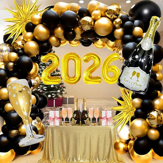 106 Pcs Black and Gold Graduation Balloons Arch Kit, Huge Black Gold Champagne Bottle Goblet Aluminum Foil Balloons for College, Kindergarten Grad, 2026 Graduation Party Decorations Supplies