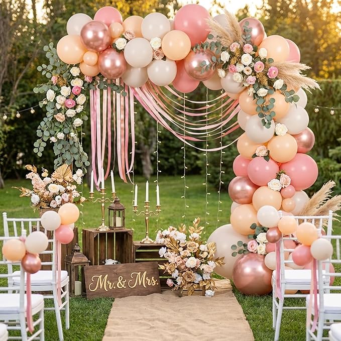 RUBFAC 65pcs 12 Inches Retro Pink Balloons Metallic Blush Rose Gold White Sand Nude Party Balloons with Ribbons for Birthday, Wedding, Baby Shower, Graduation Decorations