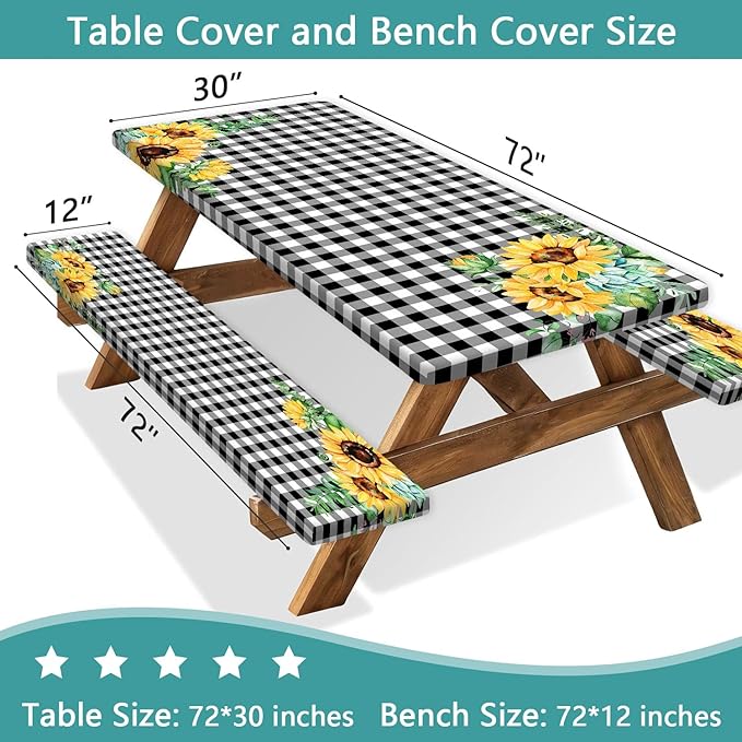 Picnic Table Cover with Bench Covers and Bag, Outdoor Waterproof Windproof Tablecloth with Elastic Edges. Camping Accessories RV Gear Campers 72x30 Inches 3 Pcs Set Black-White Checkered