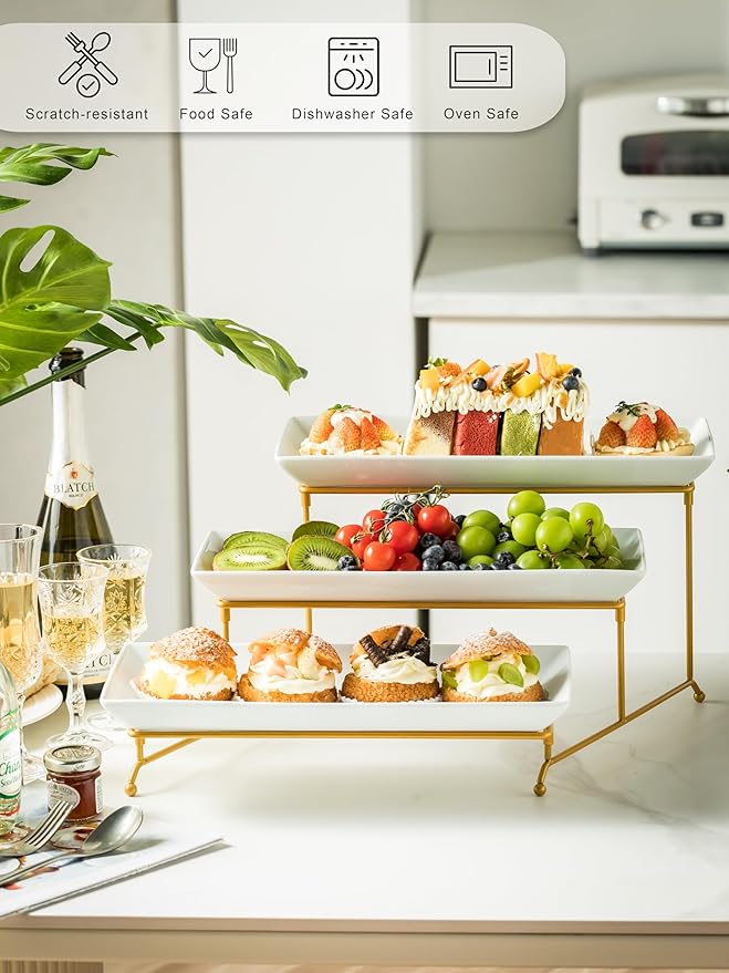 YHOSSEUN 3 Tier Serving Tray for Party, Tiered Serving Platters and Trays, 14 Inch Tiered Tray Stand, Dessert Stand, Serving Stand, Dessert Table Display Set with Collapsible Sturdier Metal Rack