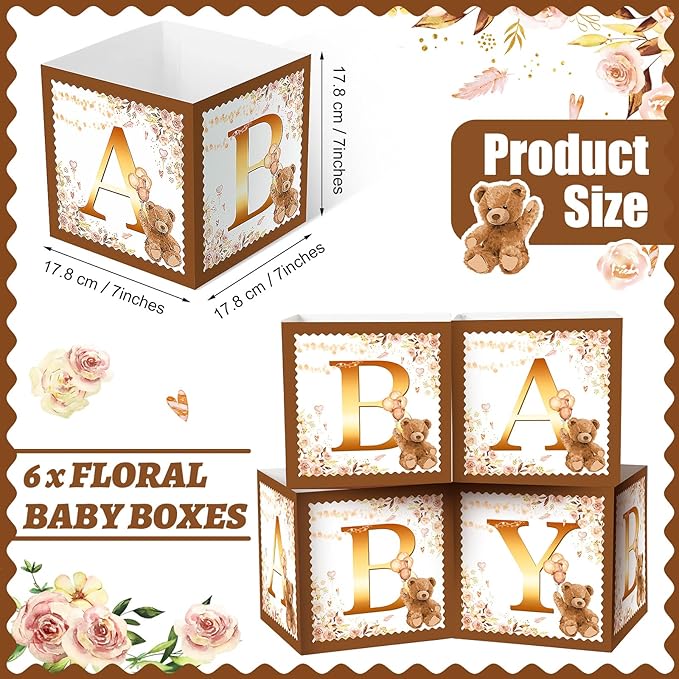 Bucherry 6 Pcs Baby Shower Centerpieces with Letters, 7" Baby Blocks Flower Boxes for Table Decorations, Gender Reveal Party Supplies & Photo Props(Brown,Brown Bear)
