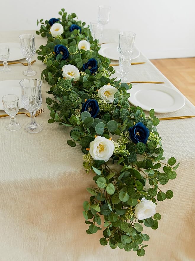 PARTY JOY 6.56ft Eucalyptus Garland with Flowers-8 Blue White Roses, Artificial Fake Flowers Greenery Garland Floral Vines for Decoration Party Wedding Table Indoor Outdoor Backdrop Wall Decor