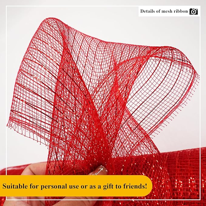 2 Pcs Red Deco Mesh Ribbon Rolls 10 Inch 10 Yards(30 ft) Decorative Mesh Fabric with Foil for Wreaths Christmas Tree Ribbon Door DIY Craft Halloween Decor Wedding Party Supplies (Red, 2Pcs)