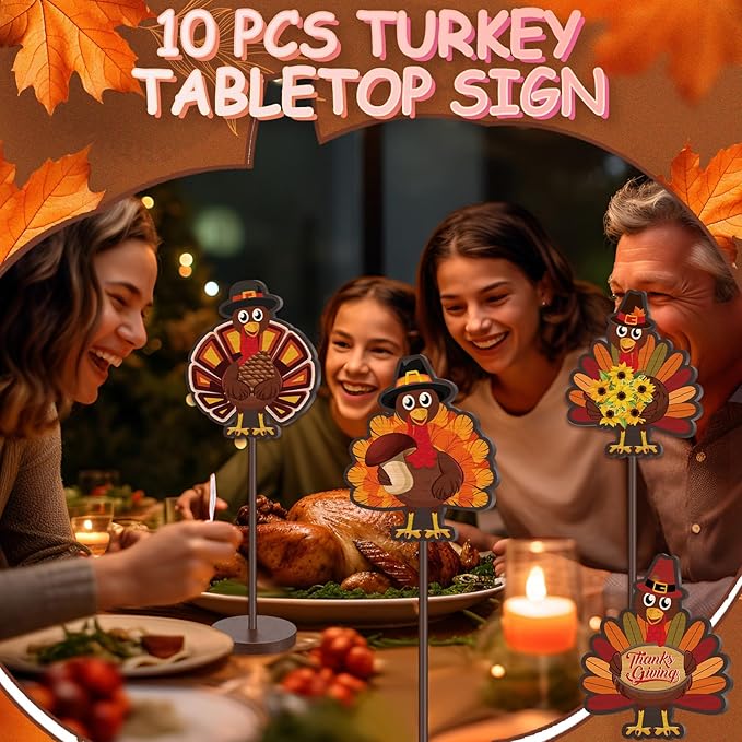 Geelin 10 Pcs Thanksgiving Turkey Decoration Wooden Turkeys Thanksgiving Table Sign Centerpiece Wood Tall Standing Block Set for Party Farmhouse Office Harvest Day Desk Decoration(Mature Turkey)