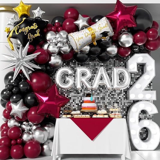 Graduation Balloons Garland Kit 153Pcs, Maroon Black Silver Balloon Arch Kit with GRAD Letters Grad Cap Diploma Balloon Burgundy Balloons Arch for Class of 2026 Graduation Birthday Party Decor