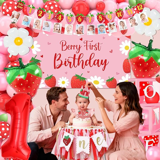 Berry First Birthday Decor, Strawberry 1st Birthday Decorations for Girls with Balloon Arch Kit Berry First Theme Balloon Boxes Crown Strawberry Cake Toppers Photo Banner Girl 1st Party supplies