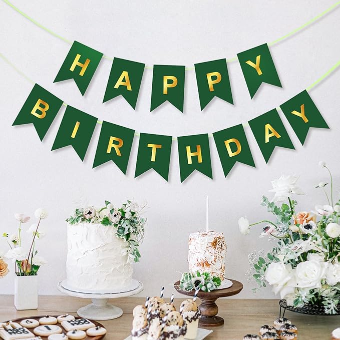 Green Happy Birthday Banner,Dark Green and Gold Party Decorations Sigh for Decor,Backdrop Birthday Party Supplies,No DIY for Girls Boys Kids and Women Party Hanging(Pre-Strung,16ft)