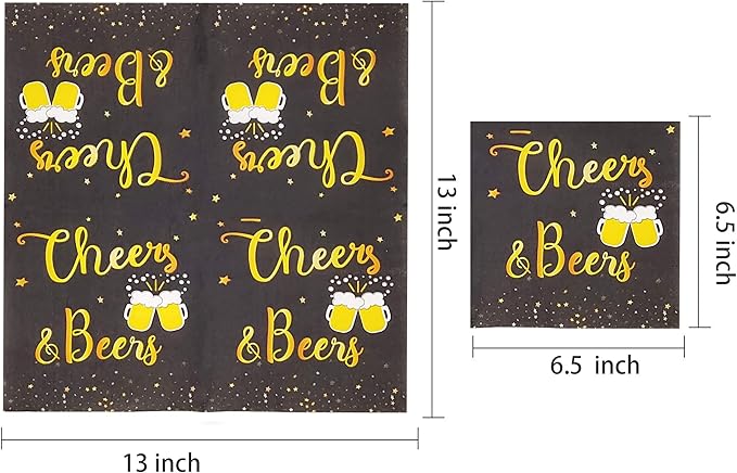 Cheers Beers Birthday Party Supplies,Black and Gold Tablewares(Plates and Napkins),Cheers Beers and Beer Mugs Design Perfect for Graduation Wedding Anniversary Christmas Party Supplies (16 Guest)