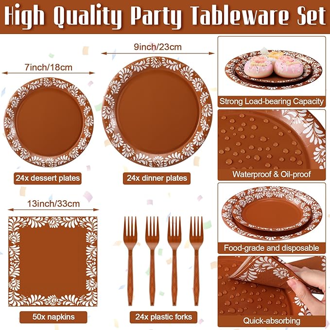 AmazingSpark 122 Pcs Brown Cielito Lindo Baby Shower Decoration Platos De Barro Mexicanos Fiesta Talavera Paper Plates Mexican Napkins Forks Tableware Set for Birthday Weeding Party Supplies, Serve 24