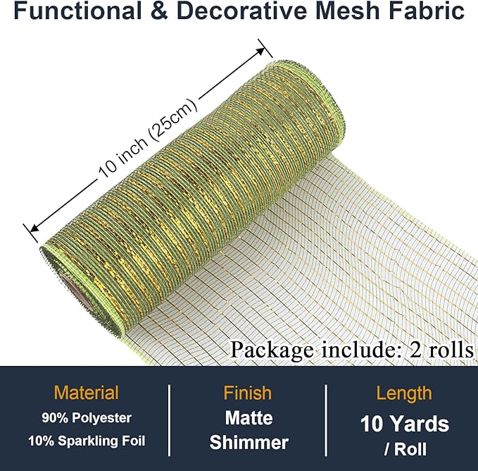 2 Pcs Moss Green Deco Mesh Ribbon Rolls 10 Inch 10 Yards(30 ft) Decorative Mesh Fabric with Foil for Wreaths Christmas Tree Ribbon Door DIY Craft Halloween Decor Wedding Party Supplies (Moss Green)