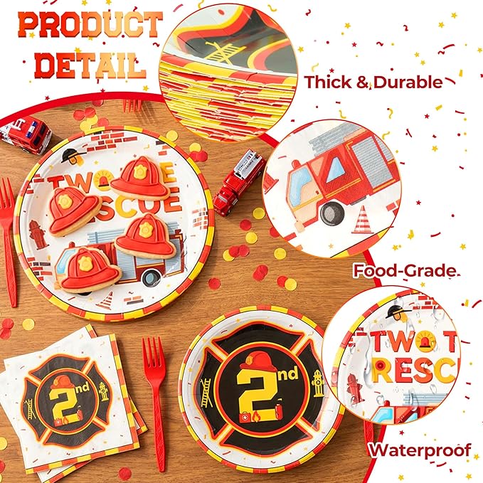 Haooryx Two the Rescue Party Tableware - 96Pcs Firefighter 2nd Birthday Decoration Red Yellow Fire Truck Themed Disposable Plates Napkins Forks for Kids 2 Years Old Birthday Party Table Decor Supply