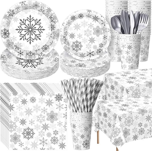 Funnymoom 452 Pcs Winter Snowflake Party Supplies, Silver Snowflake Paper Plates and Napkins Cups Tablecloth Cutlery Straws for 50 Guests Winter Birthday Wonderland Party Decoration