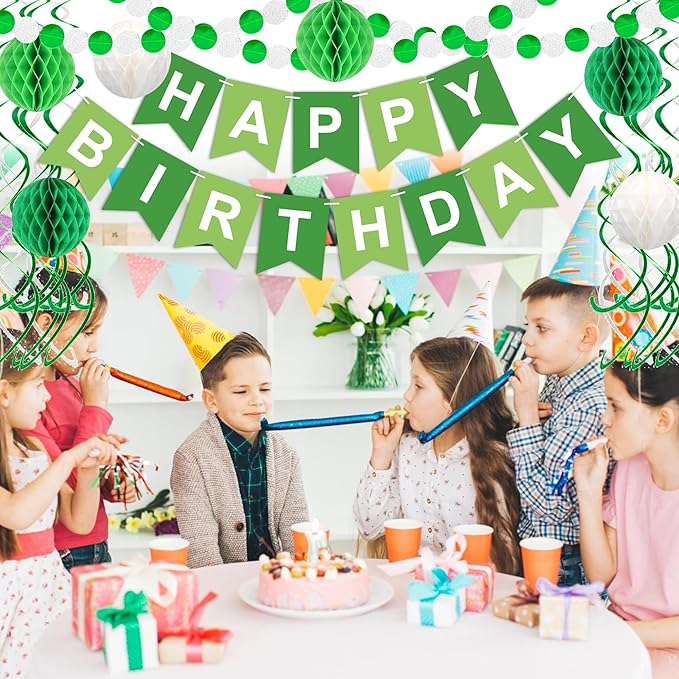 Green Birthday Decorations, Happy Birthday Banner with Honeycomb Balls, Circle Dot Garland and Hanging Swirl Decorations for Women Men Boys Girls (Green White)