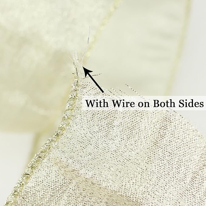 HUIHUANG Champagne Wired Ribbon 2-1/2" Metallic Crinkle Champagne Gold Christmas Ribbon for Xmas Tree, Bows Making, Wreaths, Gift Wrapping, Holiday Home Decor, Garland, DIY Crafts -10 Yards