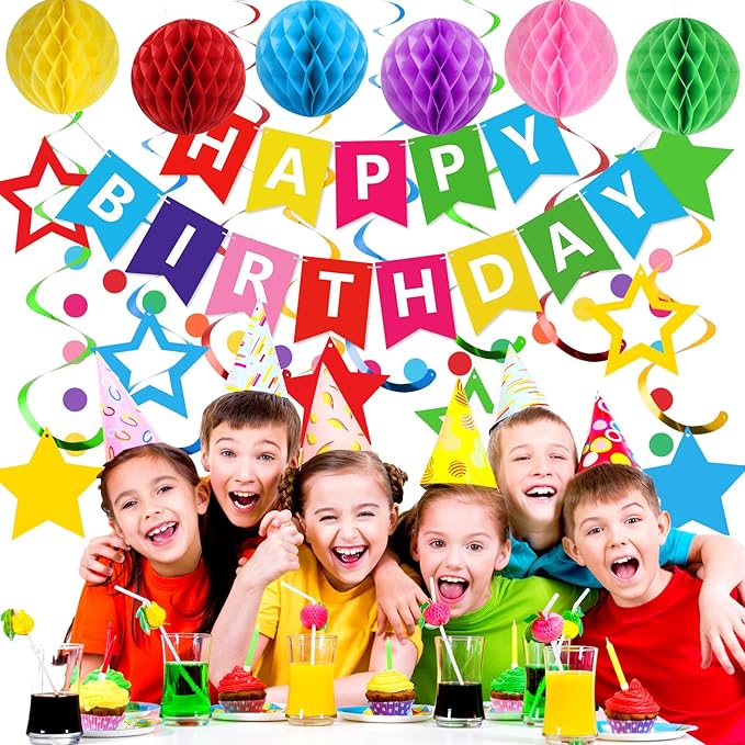 meowtastic Birthday Decorations, Happy Birthday Banner with Honeycomb Balls, Stars Hanging Swirls Streamers, Circle Dots Garland, Happy Birthday Party Decorations for Women Men Boys Girls (Rainbow)