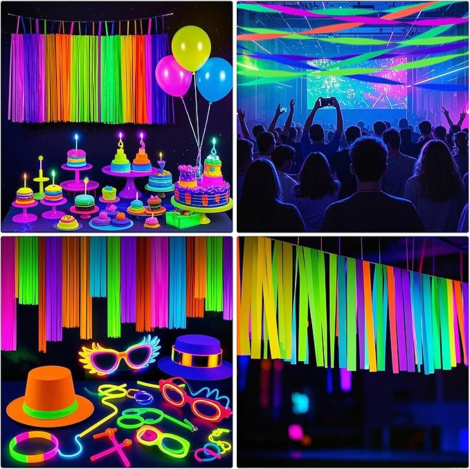 Neon Crepe Paper Streamers, 2.2" x 123 Ft Per Roll Glow in The Dark Streamers 6 Rolls for Rainbow Birthday Party Wedding Decorations UV Blacklight Reactive Fluorescent Party Supplies